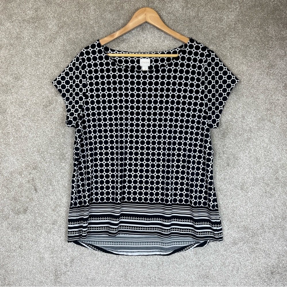 Chico's Shirt Womens 3 Black White Short Sleeve Pullover Stretch- 4392